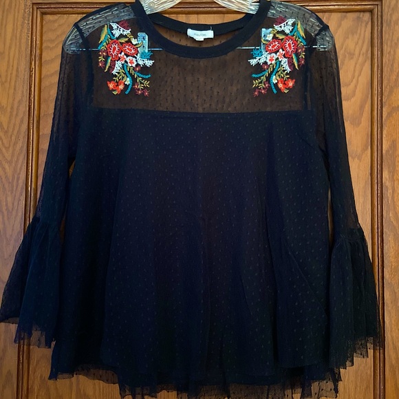 Maurices Tops - Maurices | Mesh Polka Dot Bell Sleeve with Floral Embroidery | M